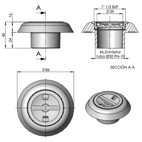 Boquilla de aspiración encolar D50 piscina hormigón AstralPool - Imagen 2