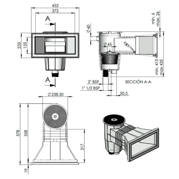 Skimmer tapa circular boca ampliación piscina liner y prefabricada - Imagen 2